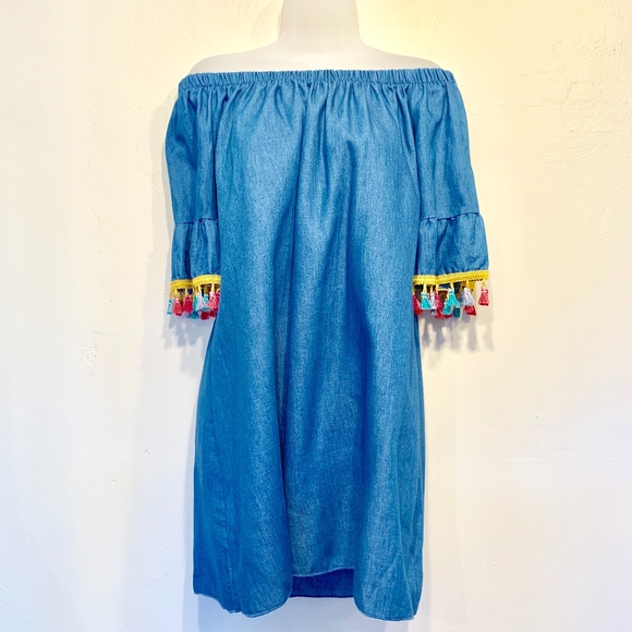 See you Monday | Chambray Denim Off Shoulder Tunic Dress with Rainbow Tassels - Picture 2 of 7